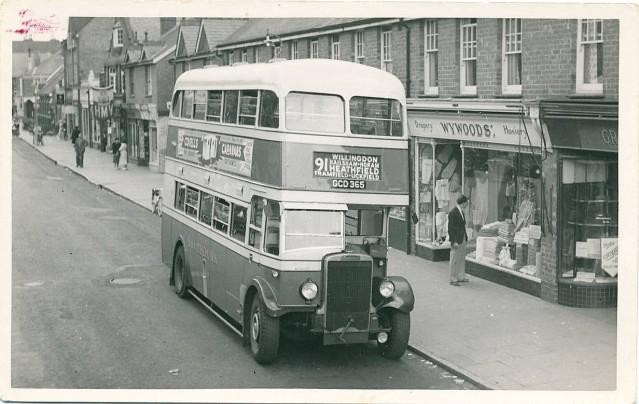 Bus in Heathfield High Street, Heathfield, East Sussex circa 1955